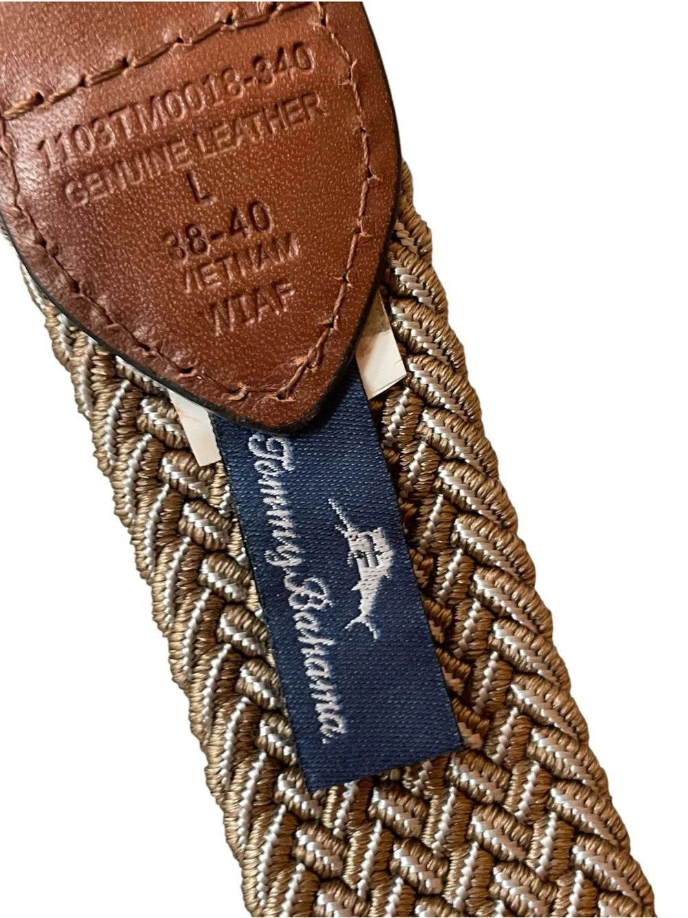 Tommy Bahama Mens Stretch 2-Tone Web Braid Belt Khaki Leather Trim Sz L 38-40  A